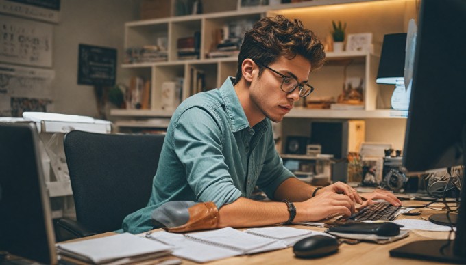 An individual sitting at a desk with a computer, reviewing strategies for enhancing Magento site performance in a bright and inviting workspace.