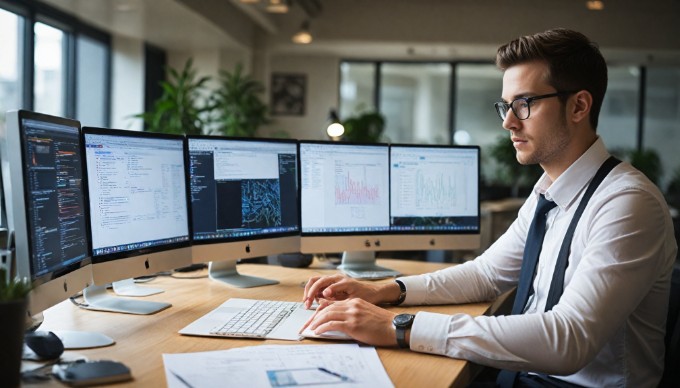 A person working on a computer, exploring the Umbraco CMS interface, showcasing its user-friendly dashboard.