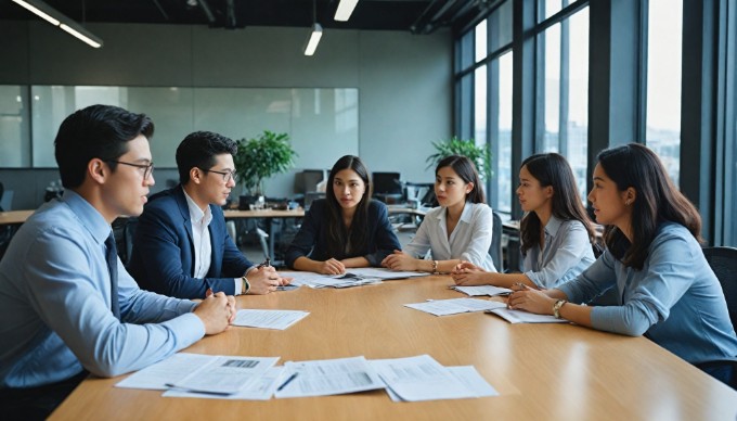 A diverse group of professionals engaged in a collaborative meeting at a modern office. The scene captures individuals of different ethnicities discussing ideas around a conference table, surrounded by laptops and notepads, with large windows showcasing a cityscape in the background.