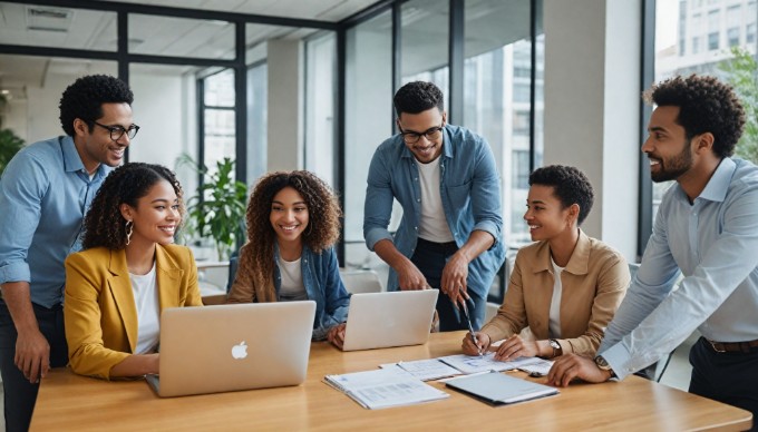 A diverse group of professionals collaborating in a modern office space, discussing over a laptop with charts and graphs on the screen.