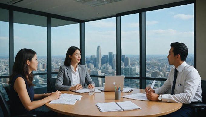 A businesswoman presenting a project to her colleagues in a sleek corporate meeting room, with a large window showing a city skyline in the background, emphasizing professionalism and teamwork.