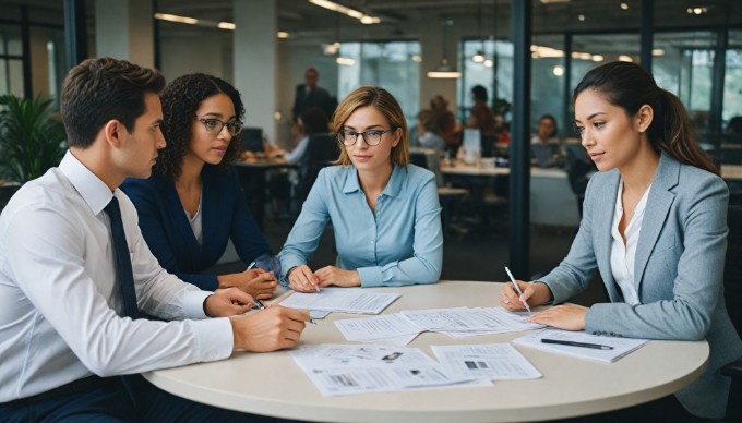 A diverse group of professionals collaborating in a modern office setting, discussing strategies over a laptop and notepad.