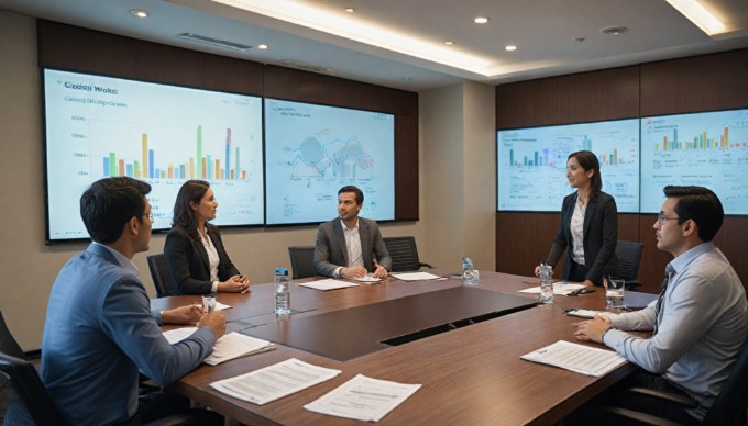 A team meeting in a corporate office with a diverse group of employees brainstorming ideas around a conference table, with charts and graphs displayed on a screen.