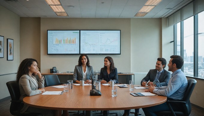 A team of four employees in a conference room, presenting a project with charts and graphs on a screen.