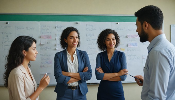 A team of multi-ethnic colleagues brainstorming ideas on a whiteboard in a bright, contemporary office environment, showcasing teamwork and collaboration.