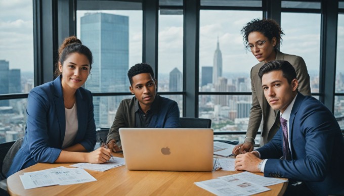 A diverse group of professionals collaborating in a modern office environment, discussing ideas around a table with laptops and documents.