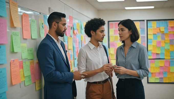 A team of four diverse colleagues brainstorming in a bright, open office space, with sticky notes on a glass wall and a whiteboard in the background.