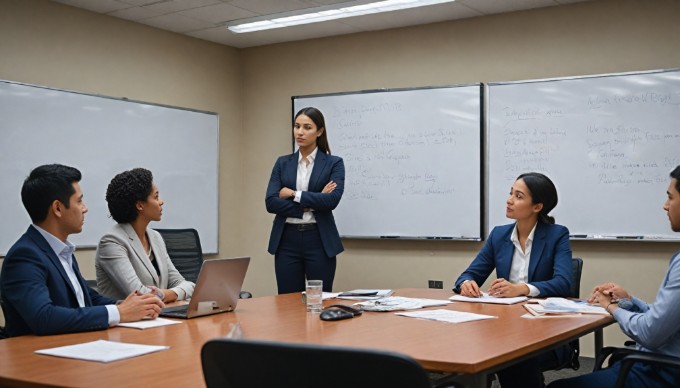 A close-up of a businesswoman presenting ideas on a whiteboard to a diverse team in a conference room.