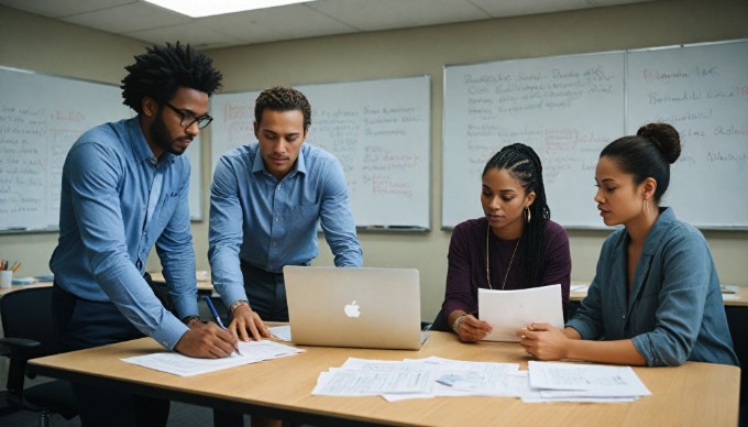 A diverse group of professionals collaborating in a modern office setting, discussing over a laptop and documents with a whiteboard in the background.