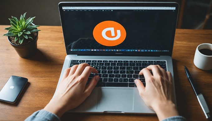 A close-up view of a laptop with the Umbraco logo on the screen, while a person types on the keyboard in a cozy home office setting.