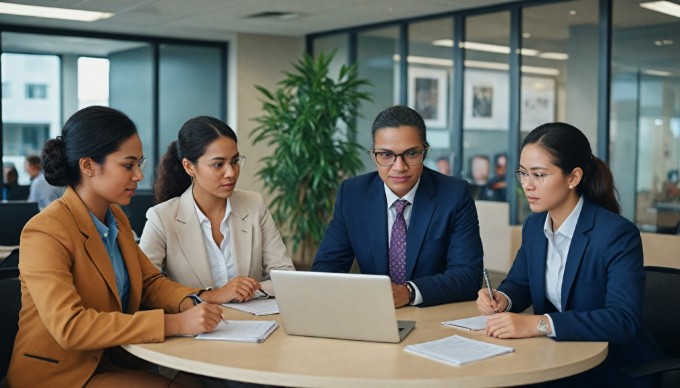 A diverse group of professionals collaborating in a modern office space, discussing ideas over a laptop.