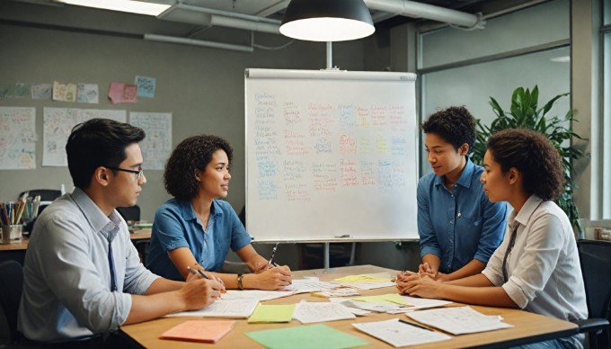 A team of diverse office workers brainstorming ideas on a whiteboard in a collaborative workspace.