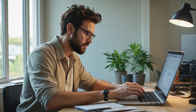 A person sitting at a desk, focused on upgrading their Magento store on a laptop, surrounded by notes and a cup of coffee, in a modern office environment.