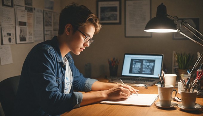 A person sitting at a desk, focused on a laptop while learning about Umbraco CMS, surrounded by notes and a coffee cup.