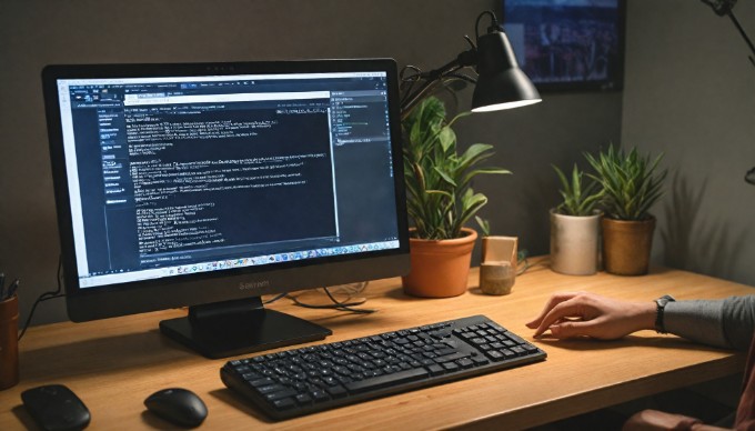 A close-up view of a computer screen displaying the Magento 2 extension installation process, with a person’s hand on the keyboard.