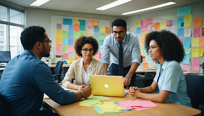 A diverse group of professionals collaborating in a modern office space, brainstorming over a project with laptops and notepads.