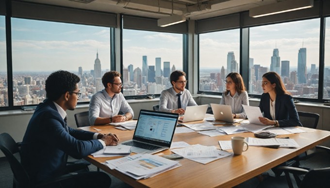 A diverse group of professionals collaborating around a conference table in a modern office setting, discussing ideas with laptops and notepads in front of them.