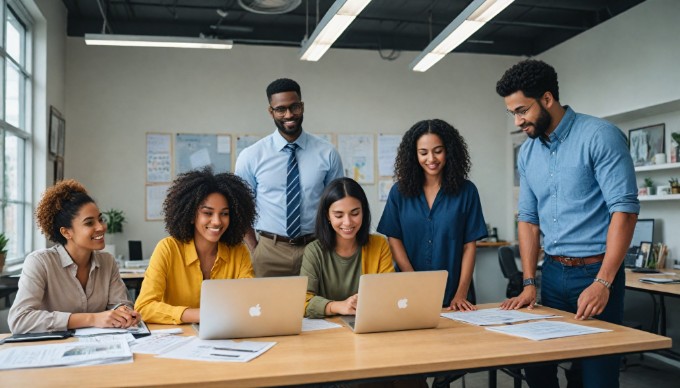 A diverse group of professionals collaborating in a modern office setting, discussing ideas around a table with laptops and documents.