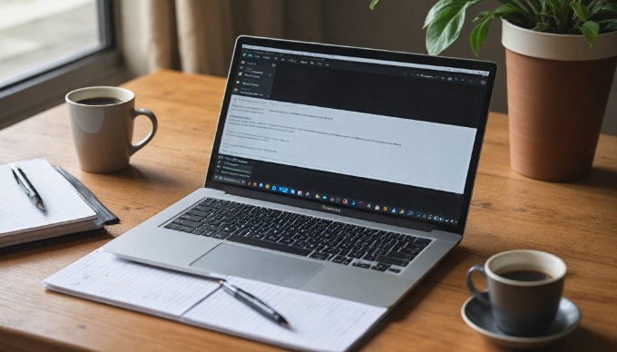 An open laptop displaying the Umbraco CMS interface, with a notepad and pen beside it, symbolizing web development and content management.