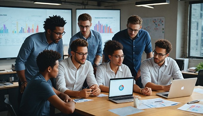 A diverse team collaborating over a laptop in a bright, open workspace, illustrating teamwork in digital content management.