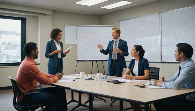 A team meeting in a bright conference room with a diverse group of employees presenting ideas on a whiteboard.