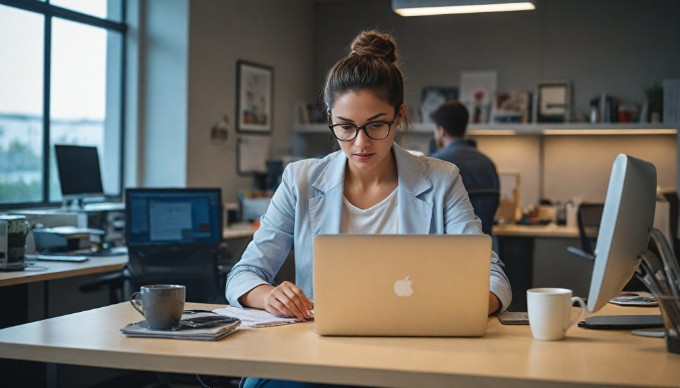 A person sitting at a desk, focused on optimizing their eCommerce website on a laptop, with a warm and inviting office environment in the background.