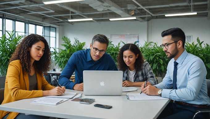 A business meeting in a bright, open office space with team members brainstorming ideas on a whiteboard.