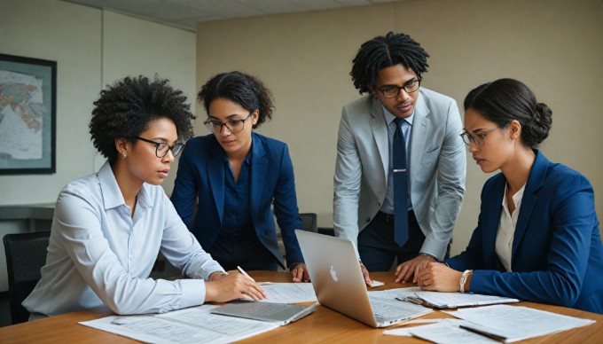 A diverse group of professionals engaged in a collaborative meeting in a modern office space, discussing strategies with laptops and documents on the table.