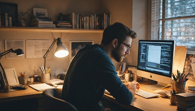 A developer reviewing code on a computer screen in a cozy workspace, highlighting the importance of choosing the right CMS for web applications.