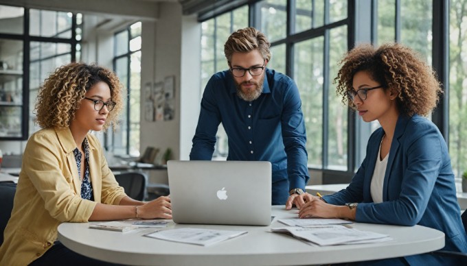 A diverse group of professionals collaborating in a modern office setting, discussing ideas over a laptop.