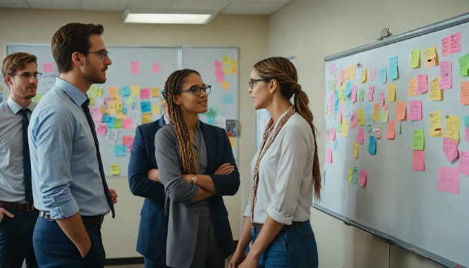 A diverse team of employees brainstorming on a whiteboard in a bright, open office space, showcasing teamwork and collaboration.