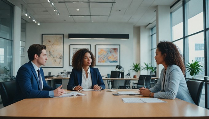 A diverse group of professionals collaborating in a modern office environment, discussing ideas around a conference table with laptops and notepads.