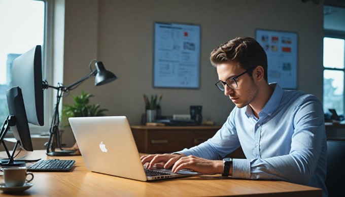 A professional developer working on a laptop, analyzing a content management system interface for ASP.NET development.