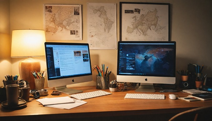 A relaxed workspace featuring a man working on his computer, with Magento migration documentation and notes scattered around.