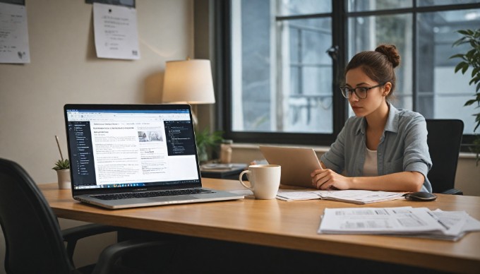 A person sitting at a desk, using a laptop to explore Umbraco downloads on a website, surrounded by a modern workspace.