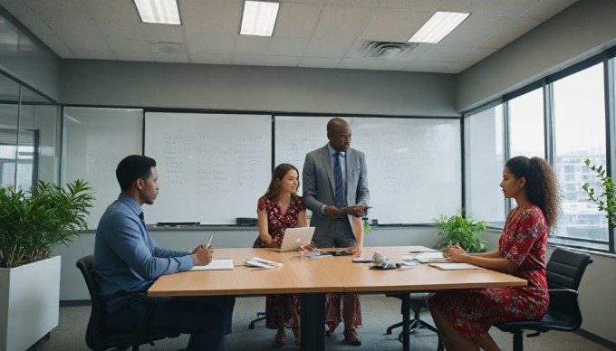 A business team brainstorming in a bright office space, featuring individuals from different backgrounds sharing ideas on a whiteboard.