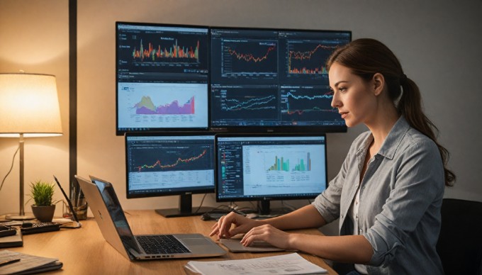 A professional woman sitting at her desk, focused on her laptop while reviewing e-commerce data and planning for a Magento migration.