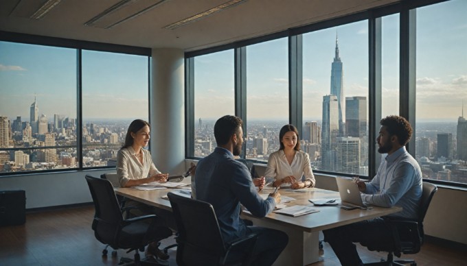 A team of diverse office workers discussing strategies around a conference table, with charts and documents spread out.