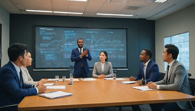 An Asian woman presenting a project in a corporate meeting room, while colleagues of various ethnicities listen attentively. The room is equipped with a large screen displaying project slides.