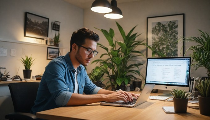 A professional person working on a laptop in a modern office environment, showcasing the use of technology in content management systems.