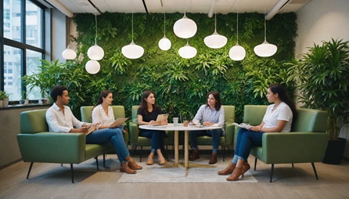 A team of diverse employees brainstorming in a stylish office space, surrounded by plants and artwork, showcasing a collaborative atmosphere.