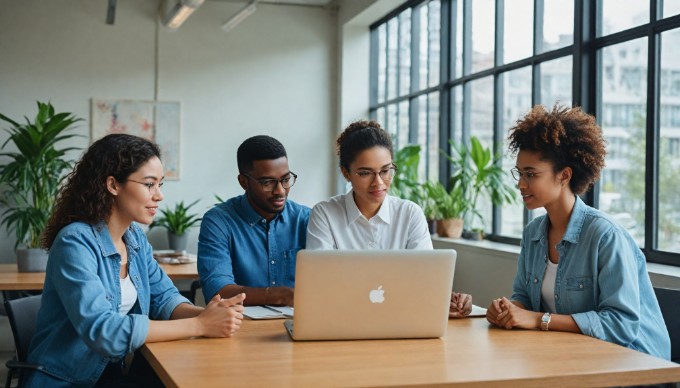 A diverse group of professionals collaborating in a modern office space, discussing ideas over a laptop.