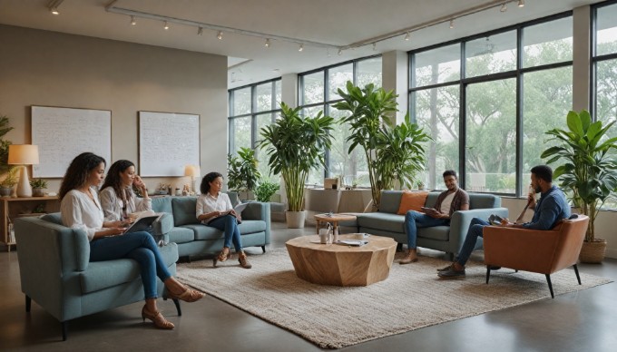 A multi-ethnic team working together on a project in a stylish office lounge area, brainstorming ideas with sticky notes and a whiteboard.