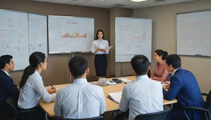 A female manager presenting a project update to her diverse team in a sleek office environment. The image shows her standing confidently by a whiteboard while her team, consisting of individuals of various ethnicities, attentively listens and takes notes.