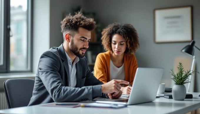 A professional setting with two diverse individuals reviewing accessibility compliance guidelines on a laptop.