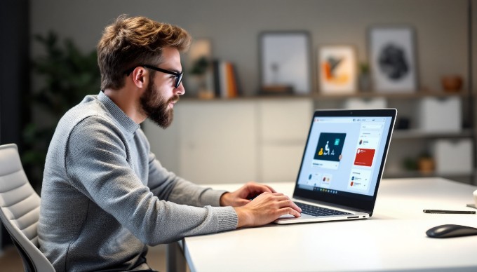 A designer reviewing accessibility features on a digital interface in a professional workspace, with design software open on the laptop.