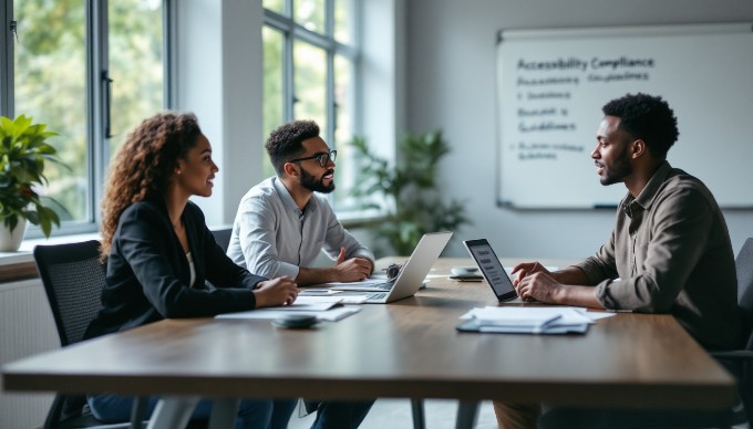 A group of professionals discussing accessibility strategies around a conference table.