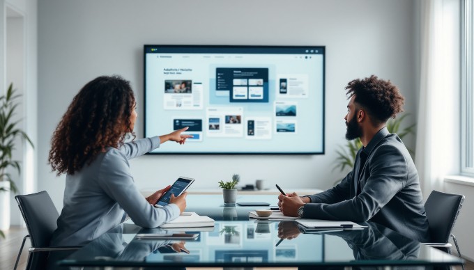 An adaptive website design meeting in a professional office with two people discussing device layouts.