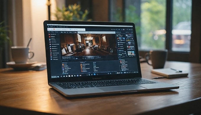 A close-up of a laptop displaying the Adobe marketplace interface, with a cup of coffee and a notepad on the desk.