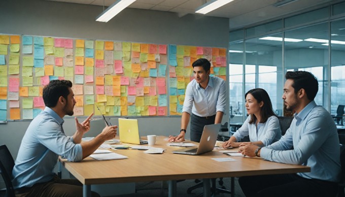 A diverse group of professionals collaborating on an Agile project, discussing tasks with a digital board in a modern office setting.